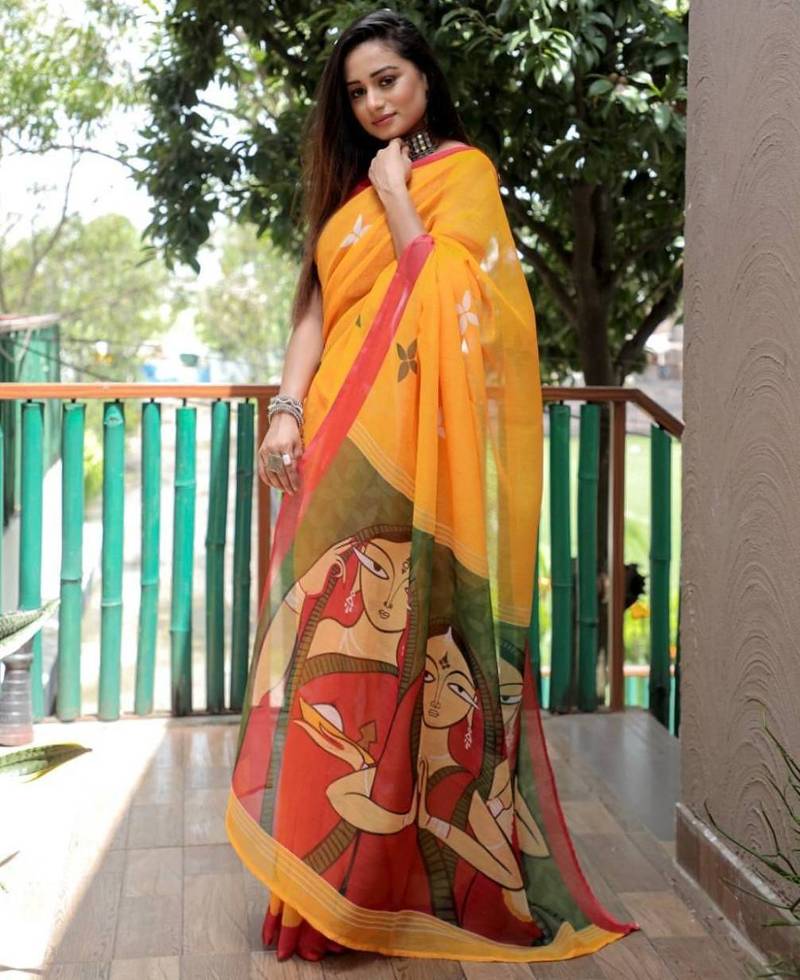 Yellow  color linen cotton durga pooja sarees