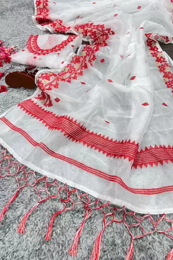 White color Oregenza embroidered saree with un-stitched blouse