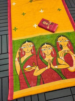 Yellow  color linen cotton durga pooja sarees 2