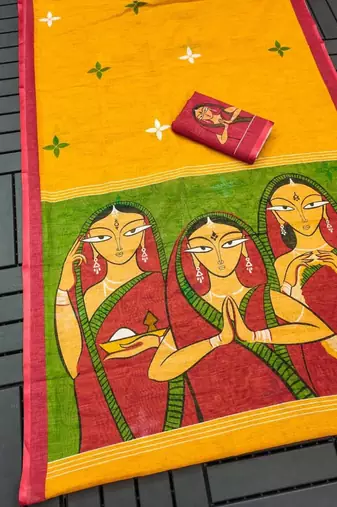 Yellow  color linen cotton durga pooja sarees