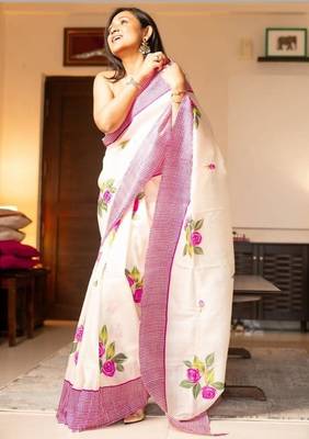 white & pink color linen printed zari border sarees 1