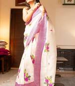 white & pink color linen printed zari border sarees