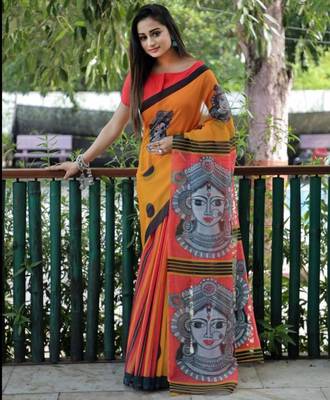 Yellow-white color linen cotton durga pooja sarees 1