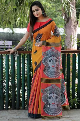 Yellow-white color linen cotton durga pooja sarees