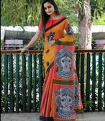 Yellow-white color linen cotton durga pooja sarees