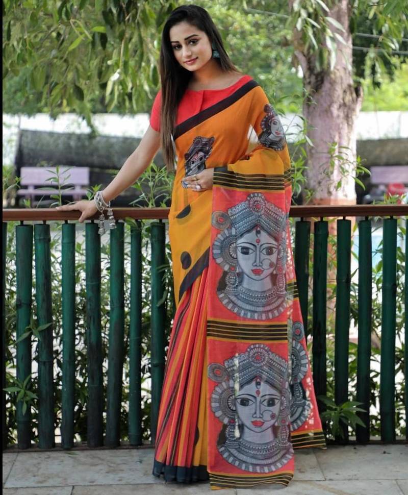 Yellow-white color linen cotton durga pooja sarees