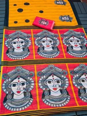 Yellow-white color linen cotton durga pooja sarees 2