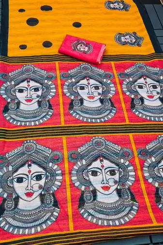 Yellow-white color linen cotton durga pooja sarees