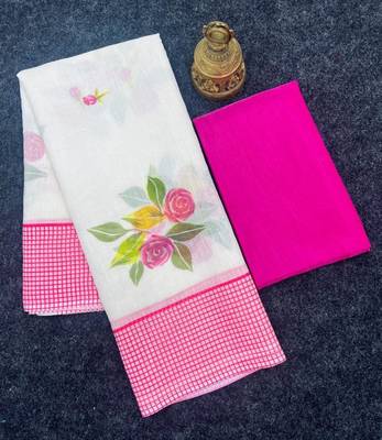 white & pink color linen printed zari border sarees 4
