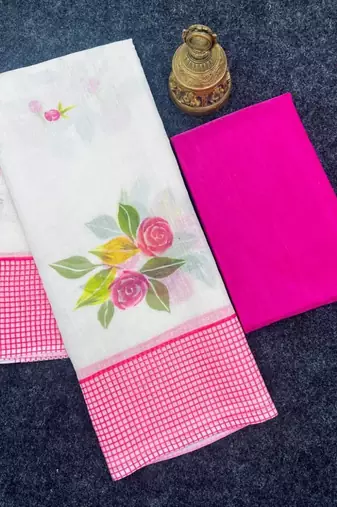 white & pink color linen printed zari border sarees