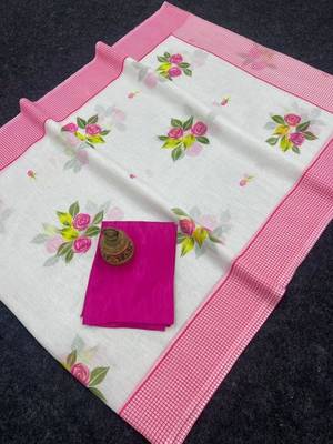 white & pink color linen printed zari border sarees 5