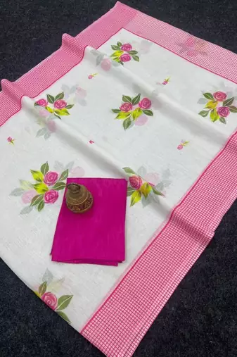 white & pink color linen printed zari border sarees