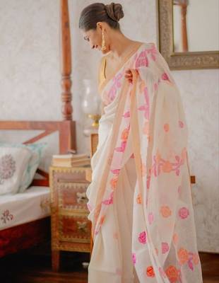 white & pink orange color linen printed zari border sarees 1