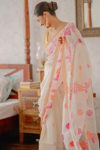 white & pink orange color linen printed zari border sarees