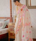 white & pink orange color linen printed zari border sarees