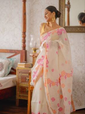 white & pink orange color linen printed zari border sarees 2