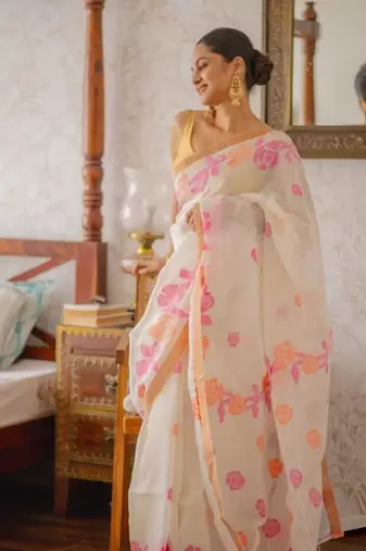 white & pink orange color linen printed zari border sarees
