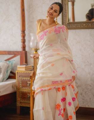 white & pink orange color linen printed zari border sarees 3