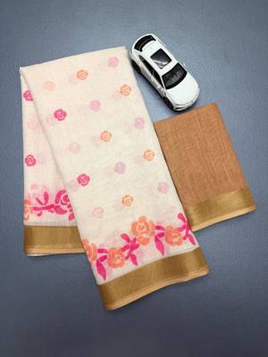 white & pink orange color linen printed zari border sarees 4