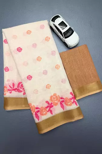 white & pink orange color linen printed zari border sarees