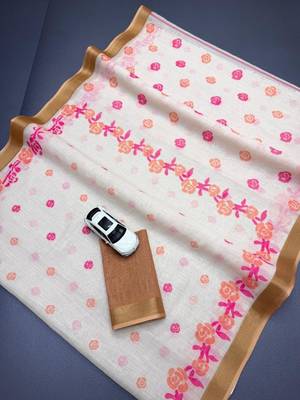 white & pink orange color linen printed zari border sarees 5