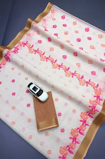 white & pink orange color linen printed zari border sarees