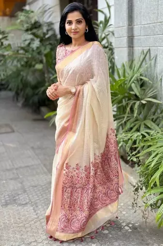 white & purple   color linen printed zari border sarees