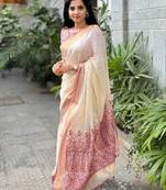 white & purple   color linen printed zari border sarees