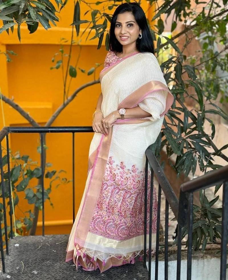 white & purple   color linen printed zari border sarees