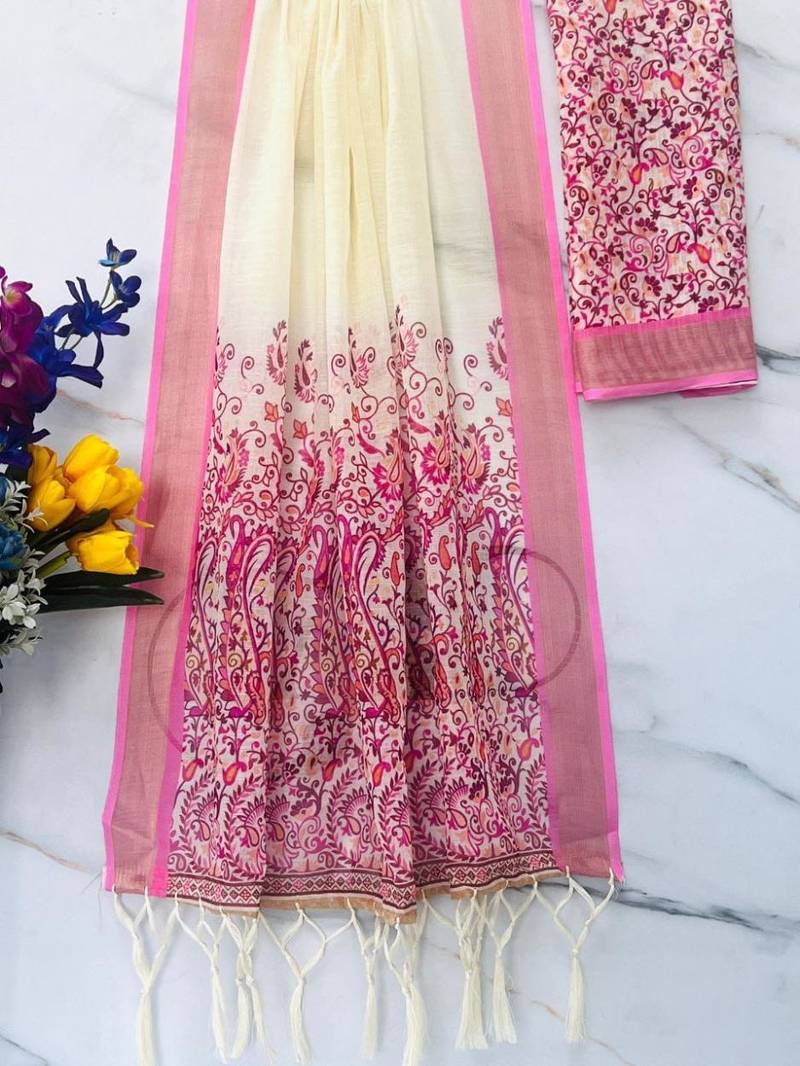 white & purple   color linen printed zari border sarees