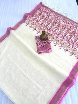 white & purple   color linen printed zari border sarees 5
