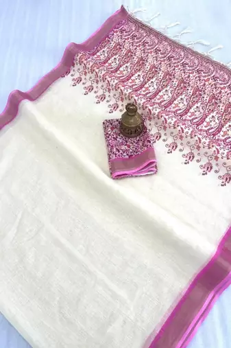 white & purple   color linen printed zari border sarees