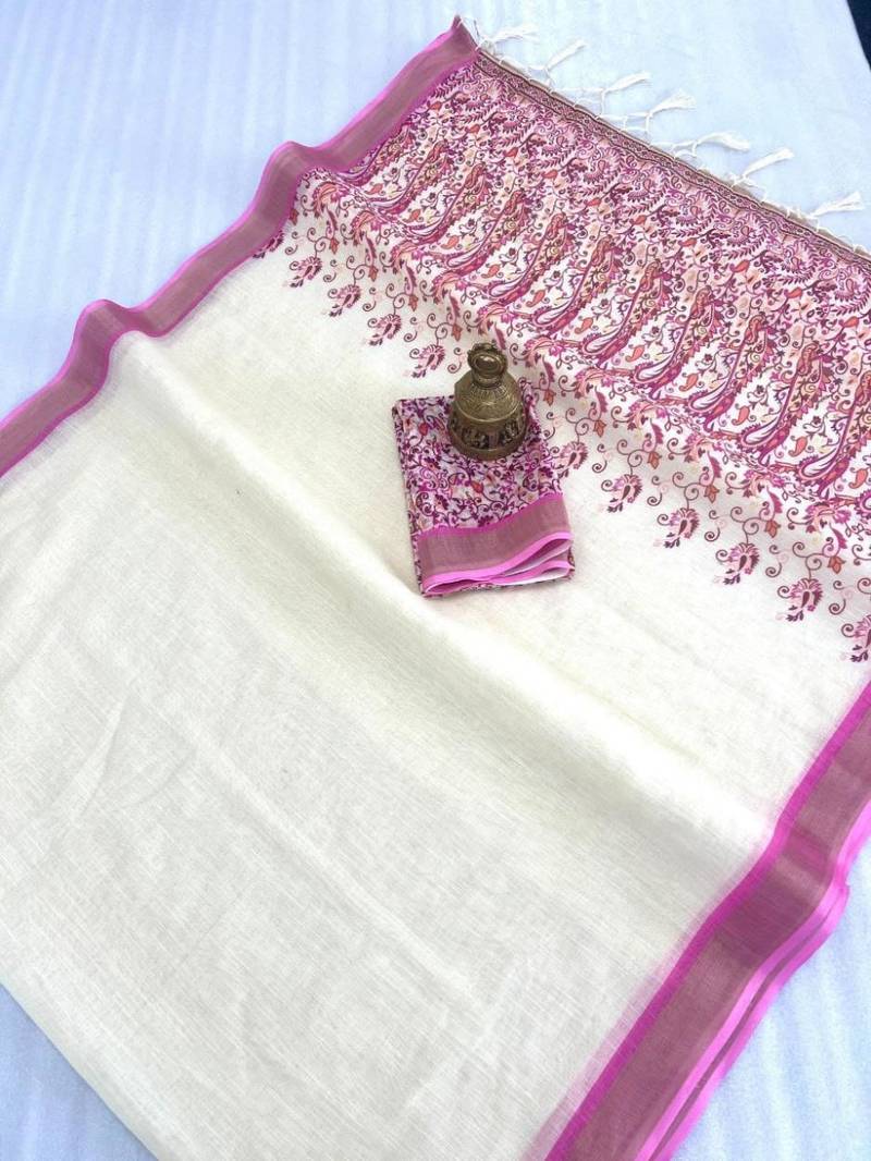 white & purple   color linen printed zari border sarees