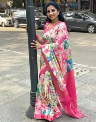 white pink sky blue color linen digital printed zari border sarees 1