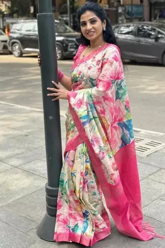 white pink sky blue color linen digital printed zari border sarees