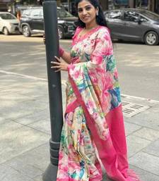 white pink sky blue color linen digital printed zari border sarees