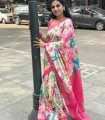 white pink sky blue color linen digital printed zari border sarees
