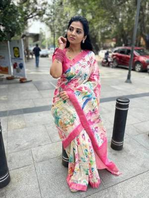 white pink sky blue color linen digital printed zari border sarees 2