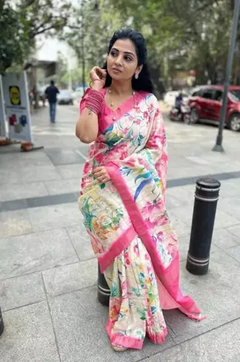 white pink sky blue color linen digital printed zari border sarees