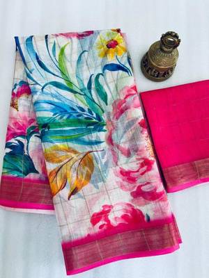 white pink sky blue color linen digital printed zari border sarees 3