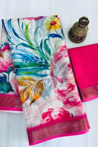 white pink sky blue color linen digital printed zari border sarees