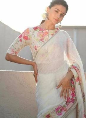 white pink color linen flower printed sarees 2