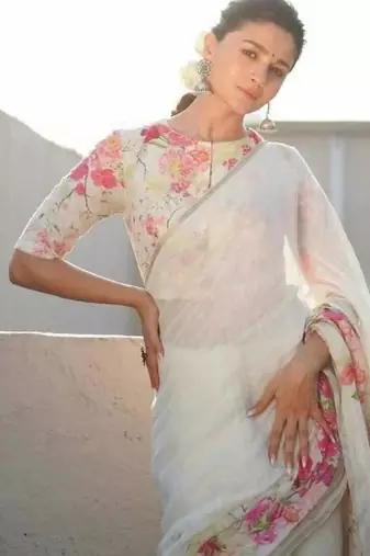 white pink color linen flower printed sarees