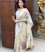 White blue color linen cotton digital printed saree