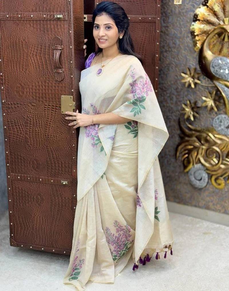 White blue color linen cotton digital printed saree