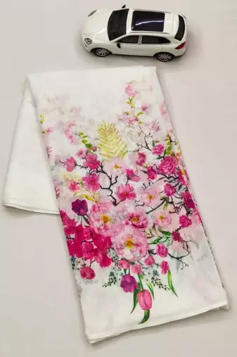 white pink color linen flower printed sarees