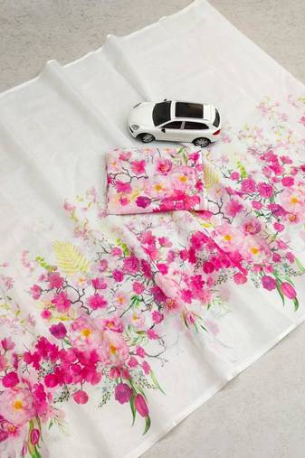white pink color linen flower printed sarees