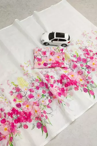 white pink color linen flower printed sarees