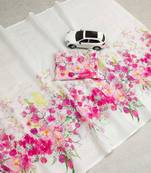 white pink color linen flower printed sarees