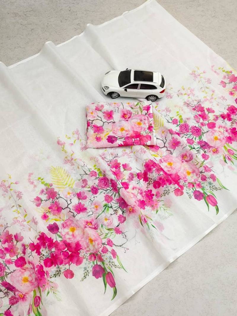 white pink color linen flower printed sarees